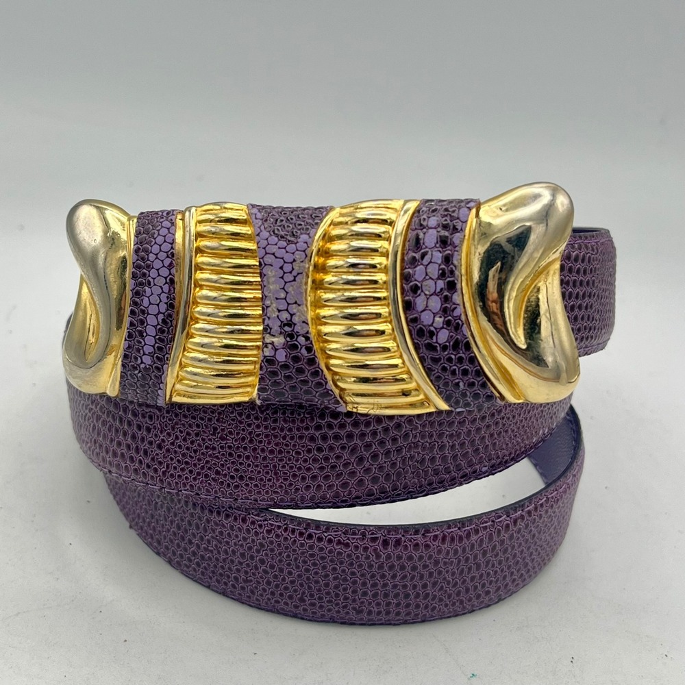 Milor Vintage Purple Lizard Embossed Leather Belt Gold Statement Buckle M / L